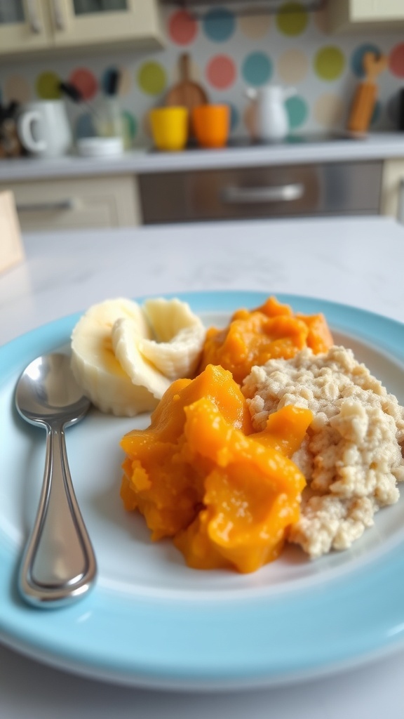 Healthy Breakfast Ideas for 6-Month-Old Babies A plate of healthy breakfast purees for babies, including banana, sweet potato, and oatmeal.